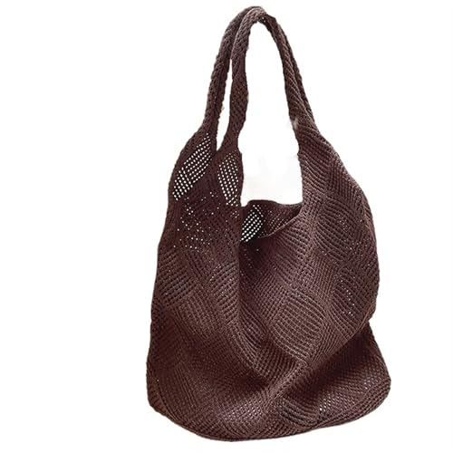 HUDFVIOI Gestrickte Umhängetasche Trend Damen Tasche Häkeln Handtasche Retro Gestrickt Einfarbig Hohl Top-griff Einkaufstasche Reise Shopper Schultertasche(Coffee) von HUDFVIOI