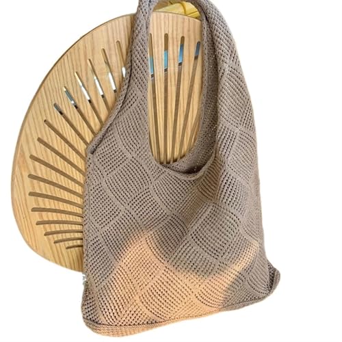 HUDFVIOI Gestrickte Umhängetasche Trend Damen Tasche Häkeln Handtasche Retro Gestrickt Einfarbig Hohl Top-griff Einkaufstasche Reise Shopper Schultertasche(Khaki) von HUDFVIOI
