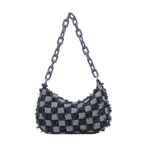 HUDFVIOI unterarmtasche Vintage Frauen Casual Schulter Unterarm Tasche Plaid Muster Druck Denim Kleine Geldbörse Damen Kette Freizeit Handtaschen(Dark Blue) von HUDFVIOI