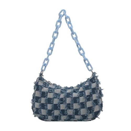 HUDFVIOI unterarmtasche Vintage Frauen Casual Schulter Unterarm Tasche Plaid Muster Druck Denim Kleine Geldbörse Damen Kette Freizeit Handtaschen(Light Blue) von HUDFVIOI