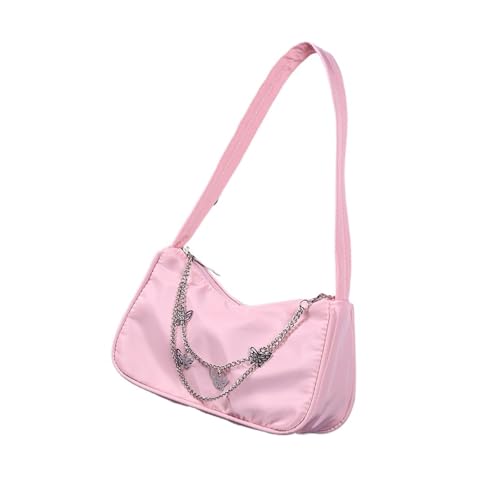 unterarmtasche Damen Schmetterlingskette Schultertaschen Pure Color Lässige All-Match Unterarmtaschen Elegante Damen Kleine Hobos Handtaschen(Pink Nylon Bag) von HUDFVIOI