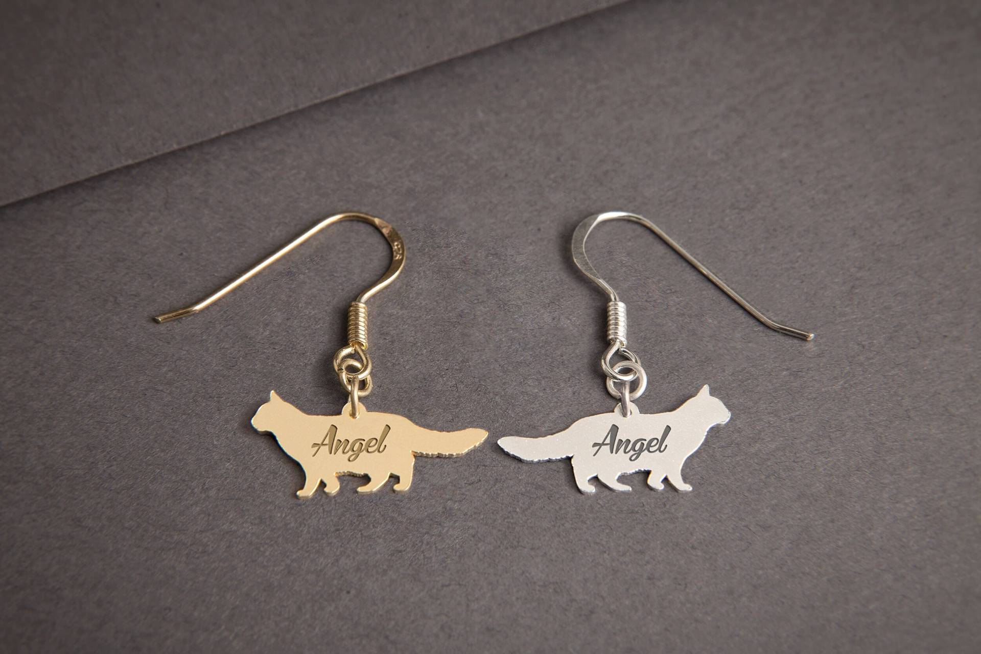 Personalisierte Langhaar Katze Ohrringe Sterling Silber, Gold, Roségold von HUDOCA