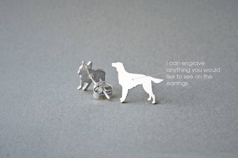 Personalisierte Setter Hundeohrringe Sterling Silber, Gravur Name von HUDOCA