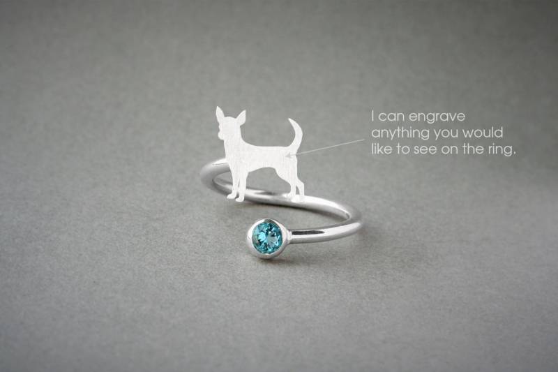 Verstellbarer Chihuahua Geburtsstein Ring Sterling Silber Hundering von HUDOCA