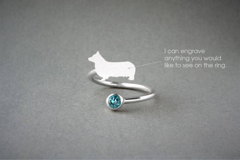 Verstellbarer Sterling Silber Geburtsstein Ring Corgis Personalisierter Hunde Schmuck von HUDOCA