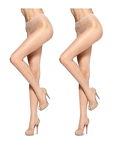 HUE Damen Durchsichtige Unsichtbarer Verstärkter Zehenpartie Strumpfhose, 15 Denier, Hellbraun, 1 (2er Pack) von HUE