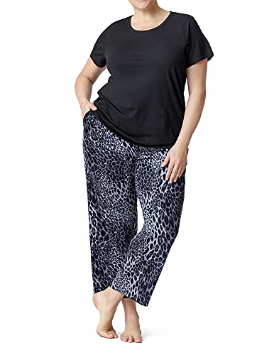 HUE Damen Kurzärmliges T-Shirt und Skimmer Pyjama-Set, Schwarz – gewellter Leopard, Medium von HUE