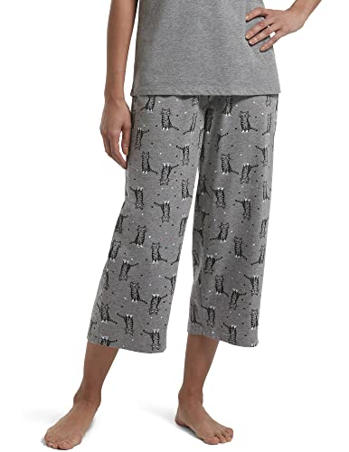 HUE Damen Printed Knit Capri Pajama Sleep Pant Pyjamahose, Medium Grey Heather/Sweet Kitty von HUE