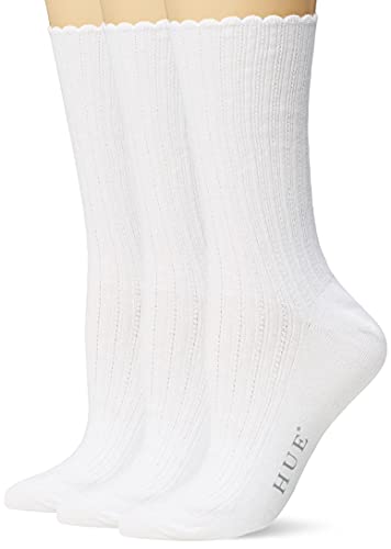 HUE Damen, gewellt, Scalloped Pointelle Crew Socken, 3 Paar, Weiss/opulenter Garten, Einheitsgröße (3er Pack) von HUE