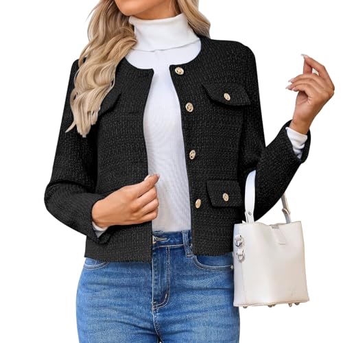 HUEOBIR Damen Tweed-Blazer, Jacken, lässig, langärmelig, Knopfleiste, Business, kurz, lässig, bauchfrei, Schwarz, M von HUEOBIR