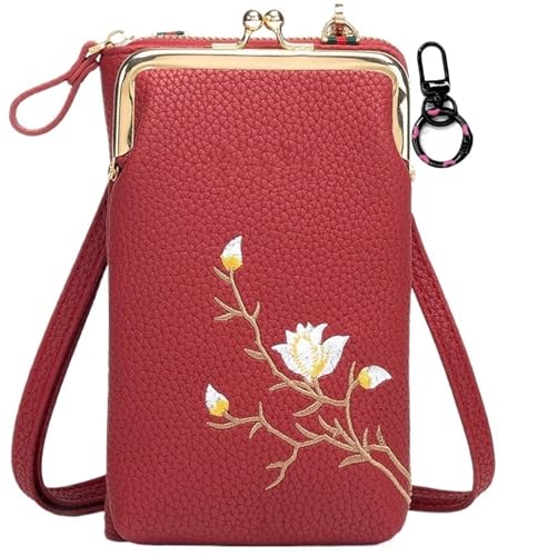 HUFENYU Damen Sling Cross-Body-Geldbörse Mit Handyhalter, Mini-Schultertasche, Reise-Handy-Geldbörsen(Red) von HUFENYU