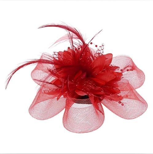 1 stücke Frauen Blume Feder Perlen Mesh Corsage Haar Clips Weibliche Braut Haarband(Rot) von HUFFA