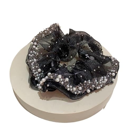 2 funkelnde Organza-Haarbänder mit Perlen und Diamanten – hochelastische Pferdeschwanzhalter for Frauen und Mädchen(black) von HUFFA