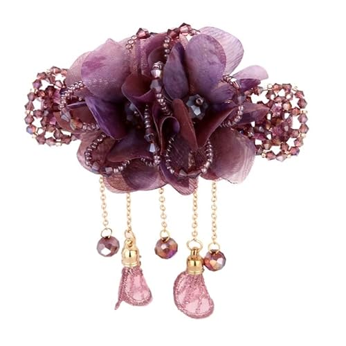Antike Federspange Haarnadel Erwachsene weibliche Blume Pferdeschwanz Clip Kristall Kopfschmuck Seidengarn Quaste Top Clip Haarnadel(Lila) von HUFFA
