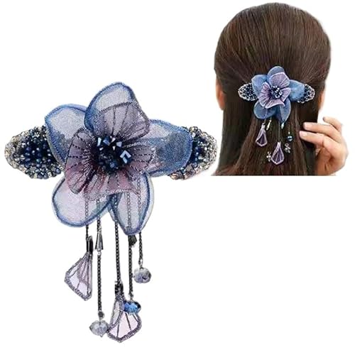 Antike Quaste Frühling Clip Seide Garn Haarnadel Erwachsene weibliche zurück Kopf Pferdeschwanz Clip Kristall Haar Clip Haarnadel Haarnadel(navy Blue) von HUFFA