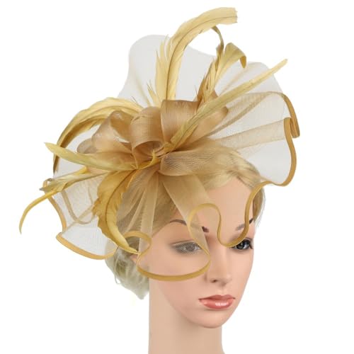 Blumenstirnband for Damen mit Haarspange, Hut for Cocktail- und Teepartys, Kopfbedeckung mit Schleier und Feder for Frauen(Gold) von HUFFA