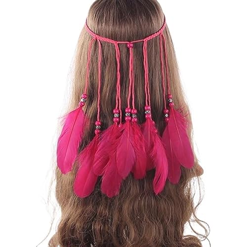 Boho Feder Stirnband for Frau Indianer Festival Quaste Feder Haarschmuck Ethno Kopfband Haarband Haarschmuck(Rose) von HUFFA