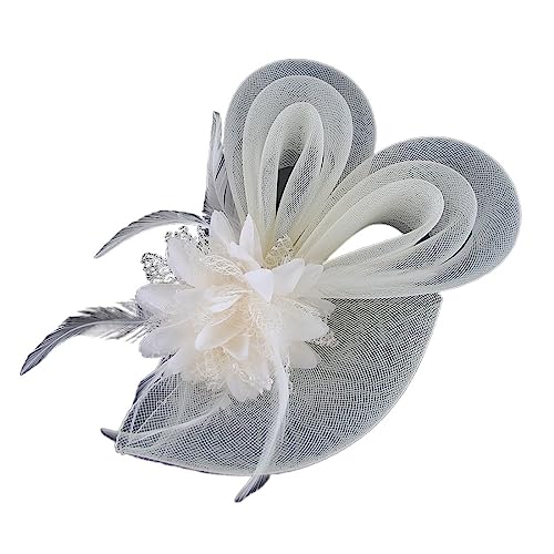 Fascinator-Hüte for Brauthochzeiten mit Schleier und Feder, Blumenhut, Kopfbedeckung for Cocktail-Teeparty, Stirnband, Haarspange(6 IVORY) von HUFFA