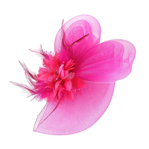 Fascinator-Hüte for Brauthochzeiten mit Schleier und Feder, Blumenhut, Kopfbedeckung for Cocktail-Teeparty, Stirnband, Haarspange(7 HOT PINK) von HUFFA