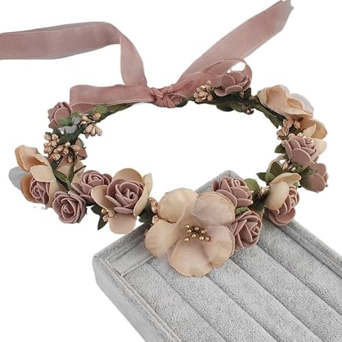 Frauen Braut Blumen Stirnband Tuch Kranz Kopfschmuck Seidenbänder Kopfschmuck Meer Strand Blumen Schmücken Haar Zubehör(Brown) von HUFFA