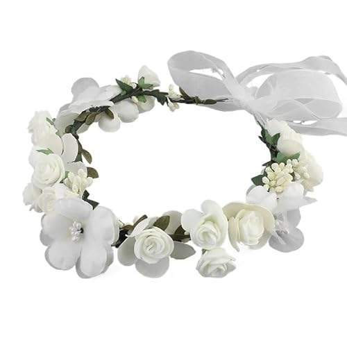 Frauen Braut Blumen Stirnband Tuch Kranz Kopfschmuck Seidenbänder Kopfschmuck Meer Strand Blumen Schmücken Haar Zubehör(Weiß) von HUFFA