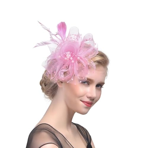 Frauen Hochzeit Abend Party Mesh Stirnband Blume Hut Caps Feder Damen Hut(B-Pink) von HUFFA
