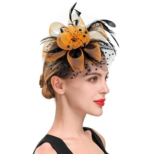 Frauen Hut Haar Clips Blume Feder Mesh Garn Cocktail Party Hochzeit Haar Zubehör Headwewar for Mädchen(L) von HUFFA