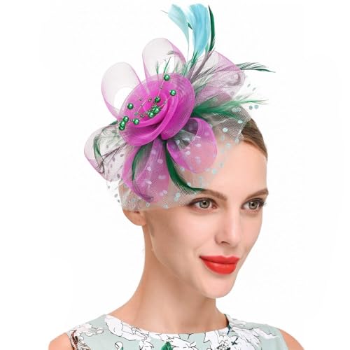 Frauen Hut Haar Clips Blume Feder Mesh Garn Cocktail Party Hochzeit Haar Zubehör Headwewar for Mädchen(M) von HUFFA