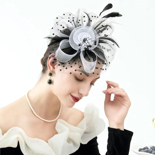 Frauen Hut Haar Clips Blume Feder Mesh Garn Cocktail Party Hochzeit Haar Zubehör Headwewar for Mädchen(R) von HUFFA
