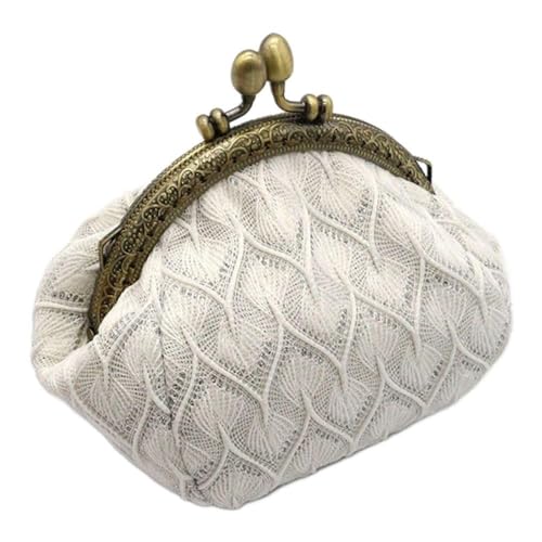 Frauen gestrickte Geldbörse Vintage Wollgarn Brieftasche Kartenhalter Haspe Clutch Bag Mädchen Geldbörsen (Color : Weiß) von HUFFA