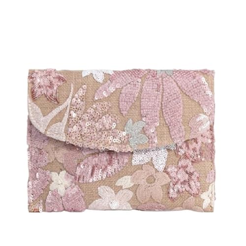 HUFFA Abend-Clutch mit Blumenstickerei – glitzernde Stroh-Umschlaghandtasche for Hochzeiten und Partys(pink) von HUFFA