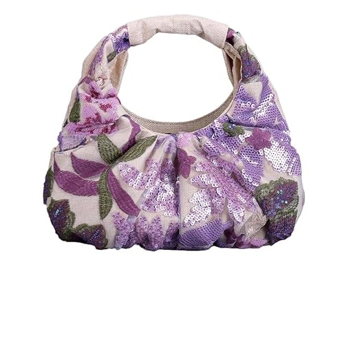 HUFFA Bestickte Einkaufstasche mit Wolkenmotiv und Blumenmuster for Damen – Glitzer-Patchwork-Abendessentasche for Partys und Hochzeiten(Lila) von HUFFA