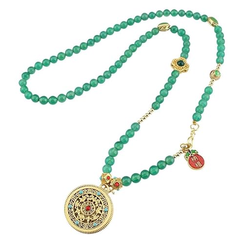 HUFFA Damen-Halskette mit rundem Anhänger im Retro-Stil aus Sandgold mit Smaragd-Achat-Perlen – Lange Pulloverkette im Ethno-Stil von HUFFA