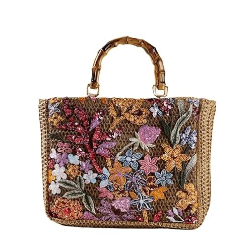 HUFFA Große Tragetasche aus gewebtem Stroh for Damen – Besticktes Blumenmuster – perfekte Handtasche for den Sommer und den Strand(Brown Sugar) von HUFFA
