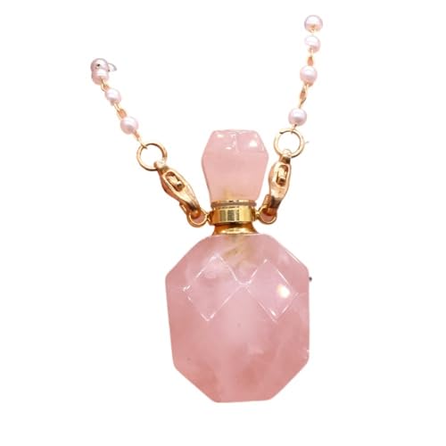 HUFFA Halskette mit Parfümflasche aus natürlichem Rosenquarz-Edelstein – Schmuckanhänger mit ätherischen Ölen for Aromatherapie und Bastelarbeiten(Rose Quartz) von HUFFA