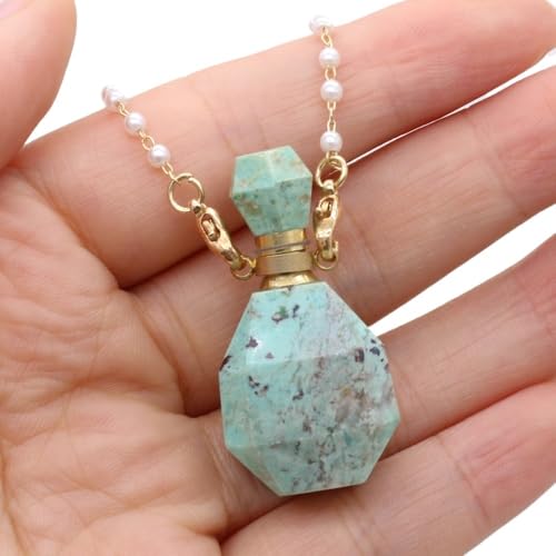 HUFFA Halskette mit Parfümflasche aus natürlichem Rosenquarz-Edelstein – Schmuckanhänger mit ätherischen Ölen for Aromatherapie und Bastelarbeiten(Turquoise) von HUFFA