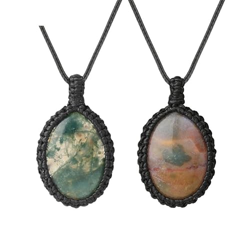 HUFFA Handgefertigte ovale Kristallkette – mit Seil umwickelter Naturstein-Quarz-Anhänger for Männer und Frauen(IndianAgate) von HUFFA