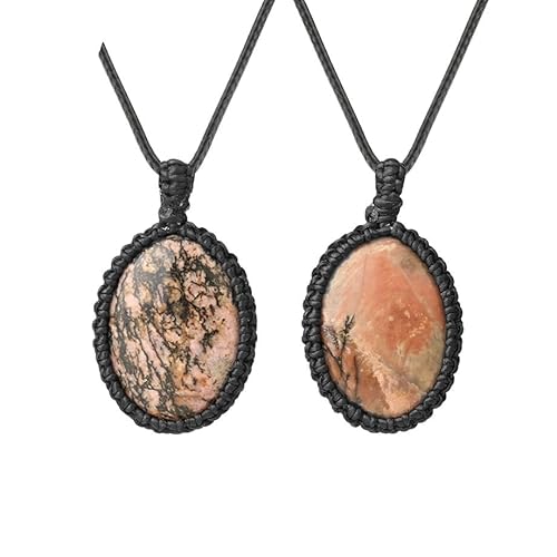 HUFFA Handgefertigte ovale Kristallkette – mit Seil umwickelter Naturstein-Quarz-Anhänger for Männer und Frauen(LineRhodonite) von HUFFA