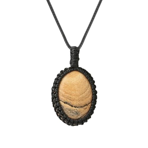 HUFFA Handgefertigte ovale Kristallkette – mit Seil umwickelter Naturstein-Quarz-Anhänger for Männer und Frauen(PictureJasper) von HUFFA