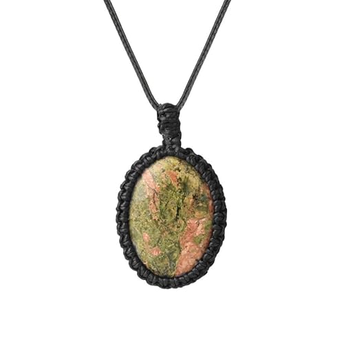 HUFFA Handgefertigte ovale Kristallkette – mit Seil umwickelter Naturstein-Quarz-Anhänger for Männer und Frauen(Unakite) von HUFFA