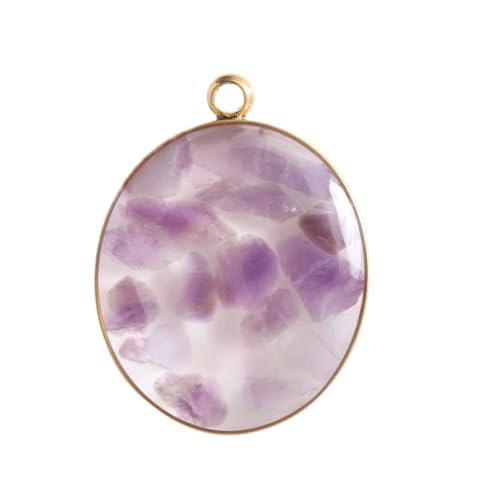HUFFA Handgefertigter ovaler Muschelanhänger in Kiesfarbe mit Edelstahlrand - Buntes Steinschmuck-Accessoire(Amethystgold) von HUFFA