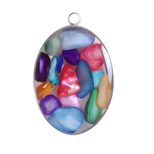 HUFFA Handgefertigter ovaler Muschelanhänger in Kiesfarbe mit Edelstahlrand - Buntes Steinschmuck-Accessoire(Colorshellsilver) von HUFFA