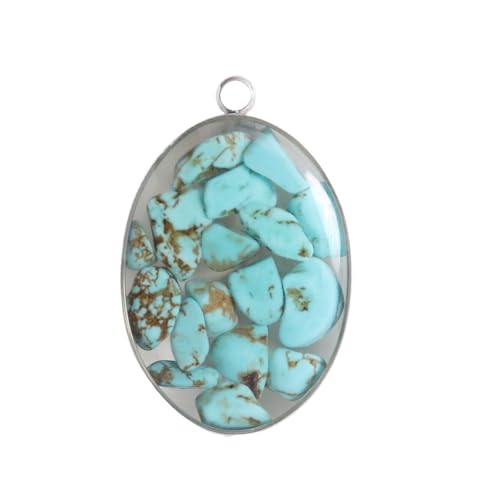 HUFFA Handgefertigter ovaler Muschelanhänger in Kiesfarbe mit Edelstahlrand - Buntes Steinschmuck-Accessoire(GreenPinesilver) von HUFFA