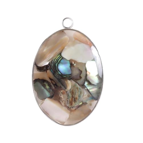 HUFFA Handgefertigter ovaler Muschelanhänger in Kiesfarbe mit Edelstahlrand - Buntes Steinschmuck-Accessoire(Shellsilvere) von HUFFA