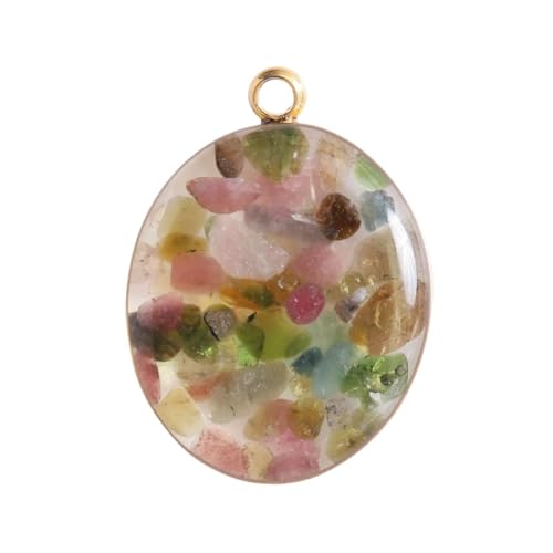 HUFFA Handgefertigter ovaler Muschelanhänger in Kiesfarbe mit Edelstahlrand - Buntes Steinschmuck-Accessoire(Tourmalinegold) von HUFFA