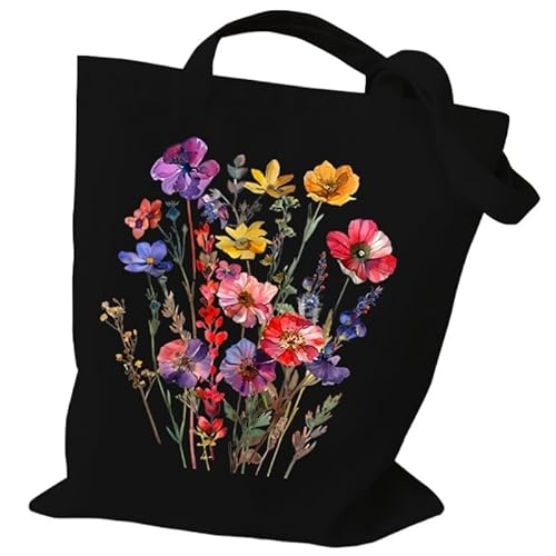 HUFFA Tragetasche aus Canvas mit Boho-Wildblumen-Muster und Retro-Grafiken – Wiederverwendbare Shopper-Tasche for Damen, stilvolle Geldbörsen und Handtaschen(Color6) von HUFFA