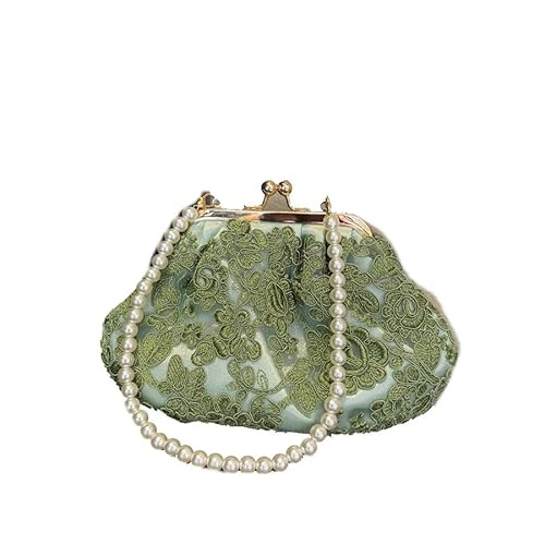 HUFFA Vintage Grüne Clutch mit floraler Spitzenstickerei und Perlenkette – Elegante Handtasche for besondere Anlässe von HUFFA