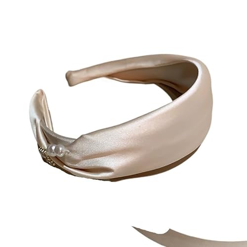 Haarband im Vintage-Stil mit seitlichen Falten und Perlen und Strasssteinen, Schleife und breitem Rand for Damen(Beige) von HUFFA
