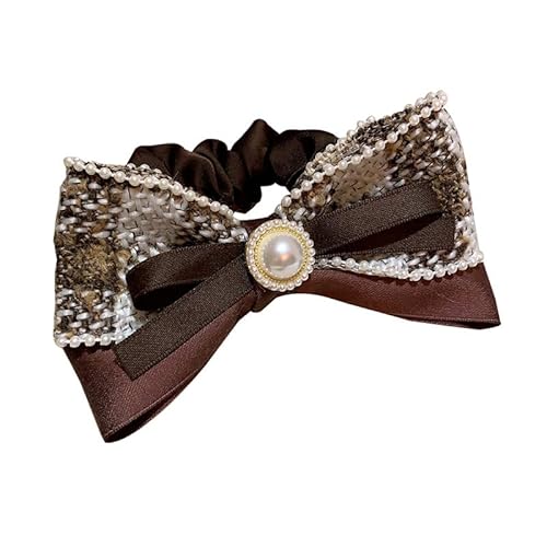 Haarring mit karierter Perlenschleife im Retro-Akademie-Stil, Dickdarm – stilvolles Pferdeschwanz-Haar-Accessoire for Frauen(Brown) von HUFFA