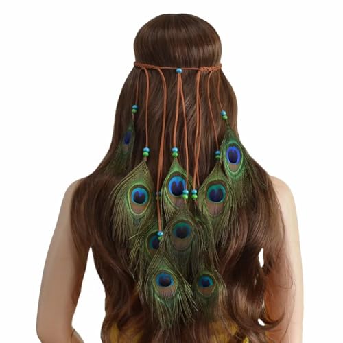 Handgemachte ethnische Gypsy braun Seil Pfau Feder Haarbänder for Frauen - Boho Party Haarband Haar-Accessoires von HUFFA